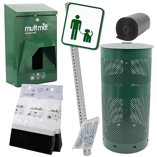 Mutt Mitt® Aluminum Dog Waste Station - Gloss Green | 2-Ply | Complete aluminum station with 400 header bags, 25 liners, 12-gal can, locking dispenser, post & hardware included