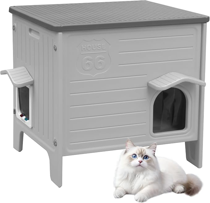 Cat House Outdoor Weatherpoof Plastic Cat Shelter Outside | with Escape Door Indoor Waterproof Feral/Pet Cat Houses for Puppy, Rabbit(Grey)