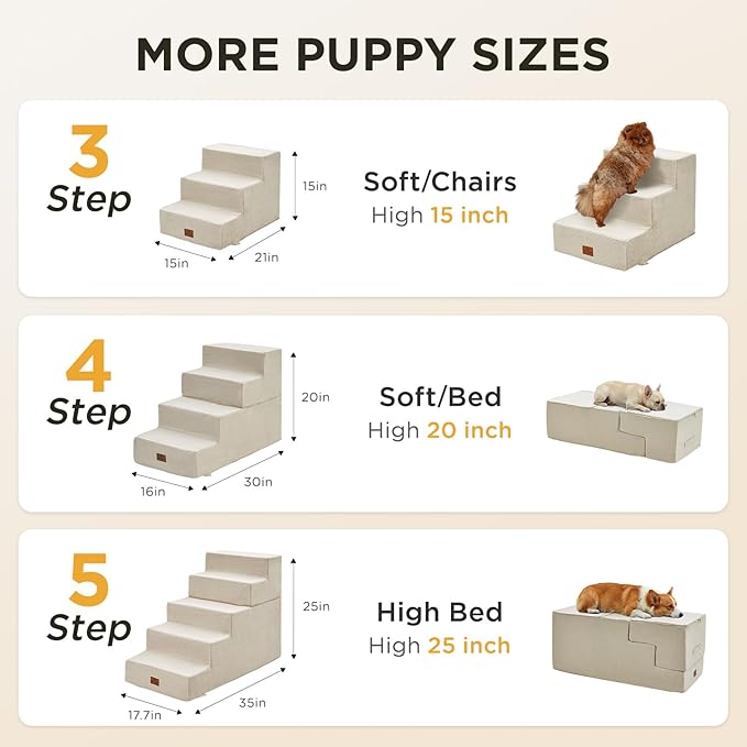 Joydeco Large Dog Stairs for High Beds - Extra Wide Pet Steps for Large Dogs to Get on Tall Bed, 4-Step Cat Ramp for Couch, 20" H Beige