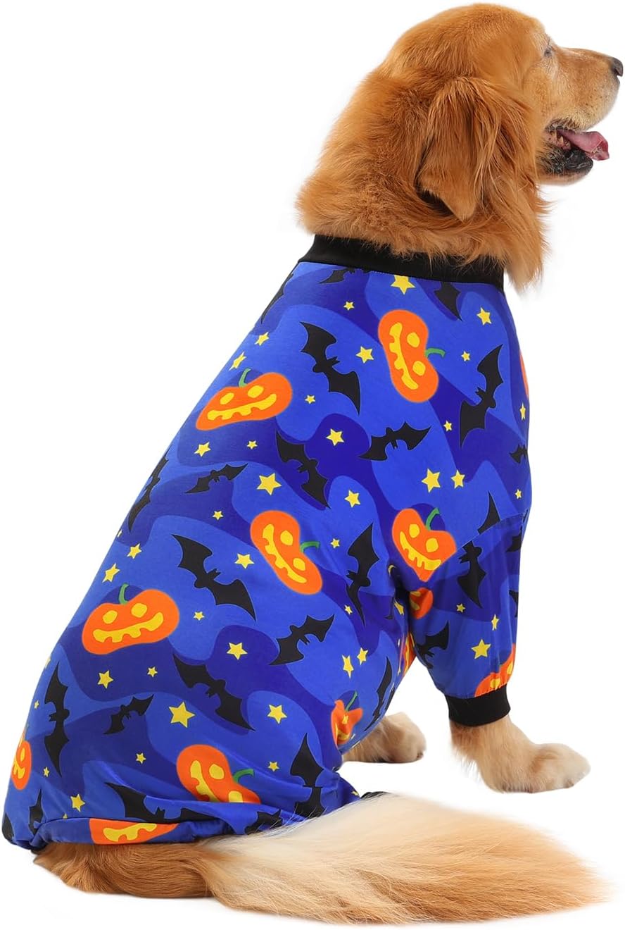 HDE Dog Pajamas One Piece Jumpsuit Lightweight Dog PJs Shirt for M-3XL Dogs Starry Pumpkins - L