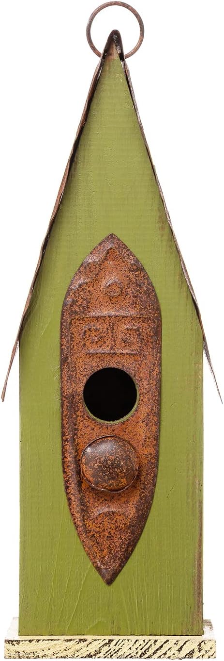 Glitzhome Bird Houses for Outside, 13.25" H Distressed Green Solid Wood Bird House Pet Cottage Hand Painted Hanging Bird House for Outdoors