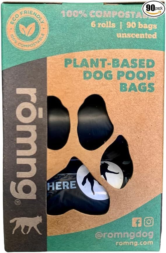 ROMNG Compostable Dog Poop Bags, Plant-Based, TUV Certified, Unscented, Leak-Proof, 12 Rolls, 180 Bags, Black