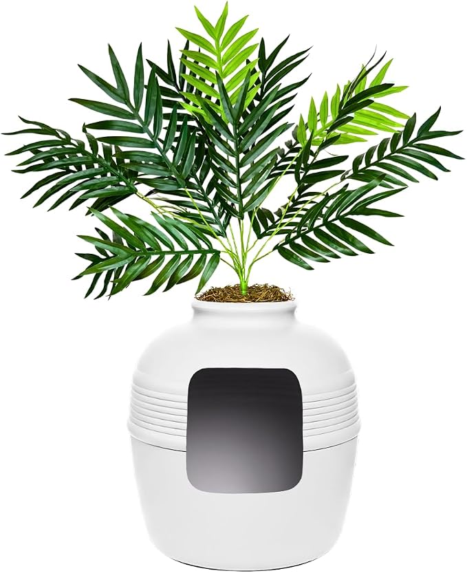 Good Pet Stuff Original Hidden Litter Box Planter, Decorative Cat Litter Enclosure with Carbon Filter, Artificial Palm Plant, Upgraded Design, Easy to Clean, Base Kit, White Birch
