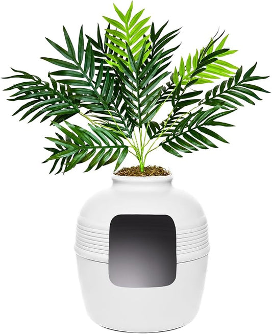 Good Pet Stuff Original Hidden Litter Box Planter, Decorative Cat Litter Enclosure with Carbon Filter, Artificial Palm Plant, Upgraded Design, Easy to Clean, Base Kit, White Birch