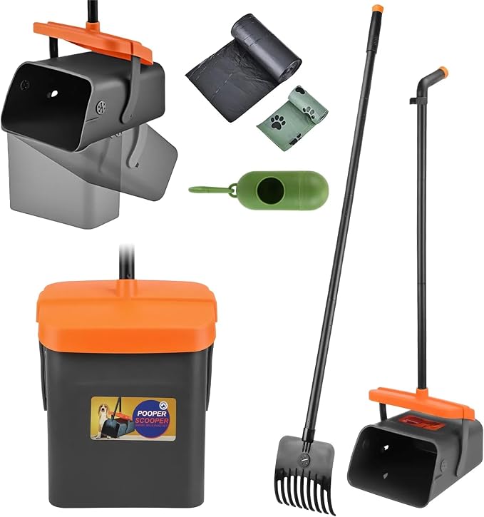 PUPIX Pooper Scooper Kit with Extra Long Handle Dog Poop Rake and Swiveling Bin Heavy Duty Pet Waste Pick Up Tool Includes 35 Waste Bags Dispenser No Bending Easy Yard Cleanup