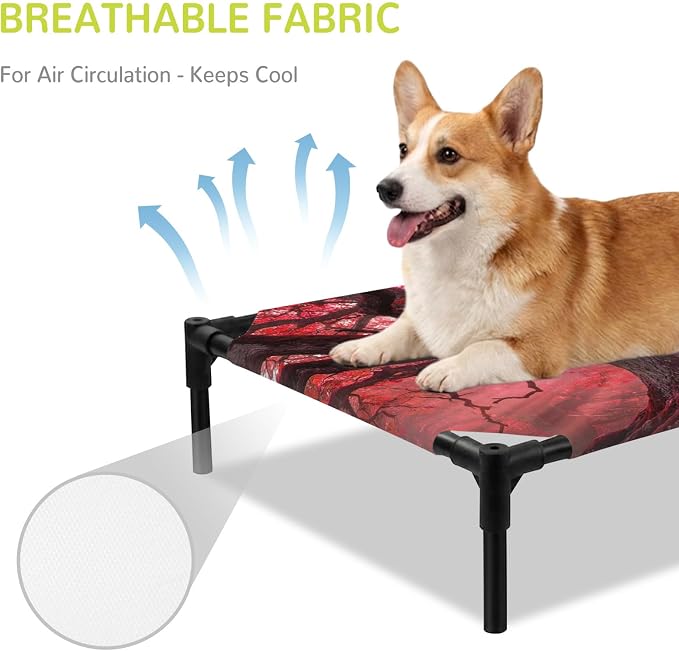 Outdoor Elevated Dog Bed for Medium Dogs, Red Trees Breathable Cooling Raised Dog Cot for Indoor/Outdoor, Country Forest Branches Nature Light View Waterproof Elevated Pet Beds, M 24 x 20 in