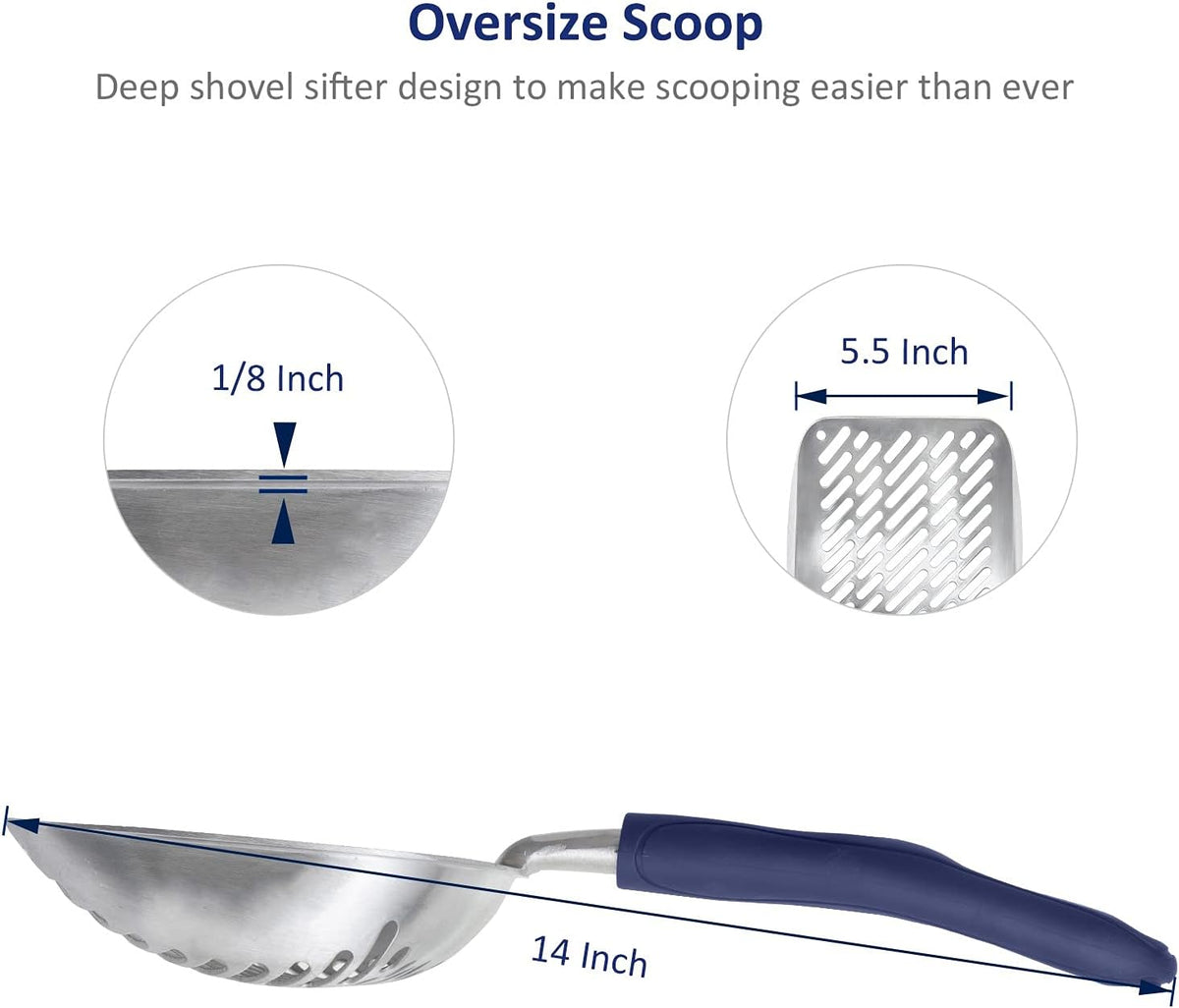 WePet Cat Litter Scoop, Aluminum Alloy Sifter, Kitty Metal Scooper, Deep Shovel with Diagonal Sifting Hole, Long Handle, Kitten Poop Lifter for Litter Box, Large Size, Blue Handle