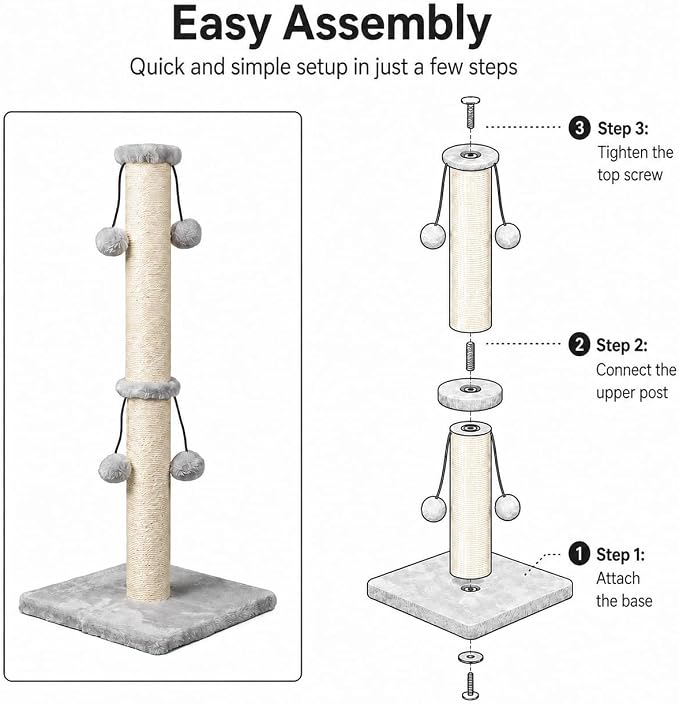 Dimaka 34'' Cat Scratching Post, Cat Scratching Post, Cat Scratcher for Large Cats with Teasing Toy Ball, Natural Sisal White and Grey (Grey)