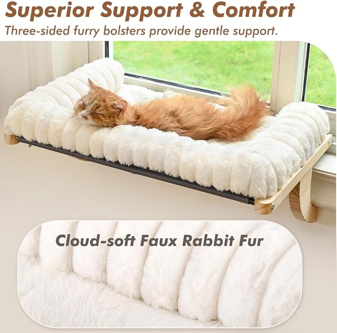 Cloud-Soft Cat Window Sill Perch with Zipper Designed Cushioned Bed, Supportive Cat Window Seat with Premium Solid Wood & Sturdy Metal Frame, Pet Hammock Bed for Large Cats (X-Large, White)