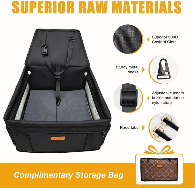 Pet Dog Booster Seat, Upgrading the Framed wall to Prevent Collapse，Breathable and Foldable Pet Car Basket，Removable andWashable pet car seat (Black)