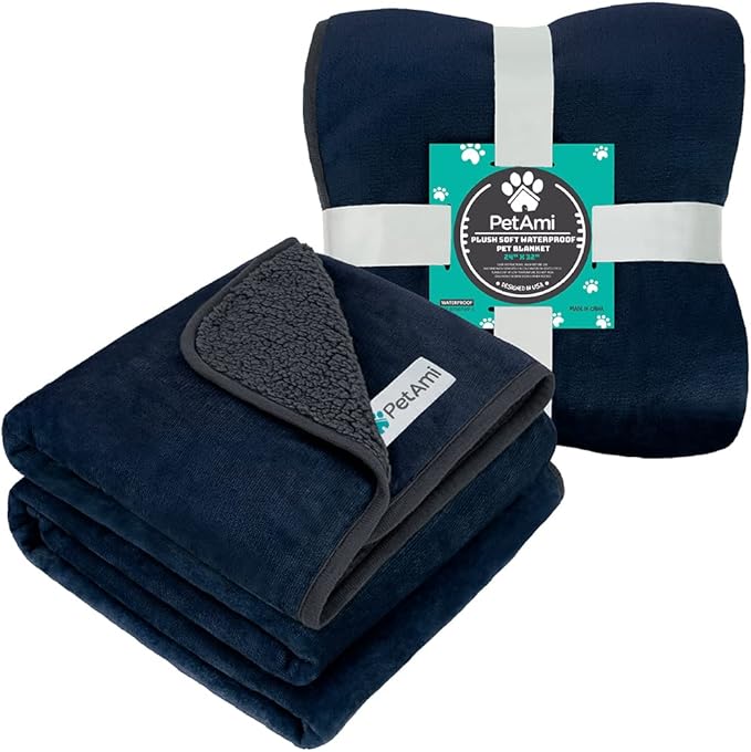 PetAmi Waterproof Dog & Cat Blanket, Pee Proof for Couch & Bed, Reversible, Soft Fleece, Washable, 24x32 Navy/Gray
