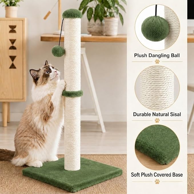 Dimaka Tall Cat Scratching Post, Claw Scratcher with Sisal Rope and Covered with Soft Smooth Plush, Vertical Scratch [Full Strectch] for Standard Size Cats (Green, 29 inches for All Cats)