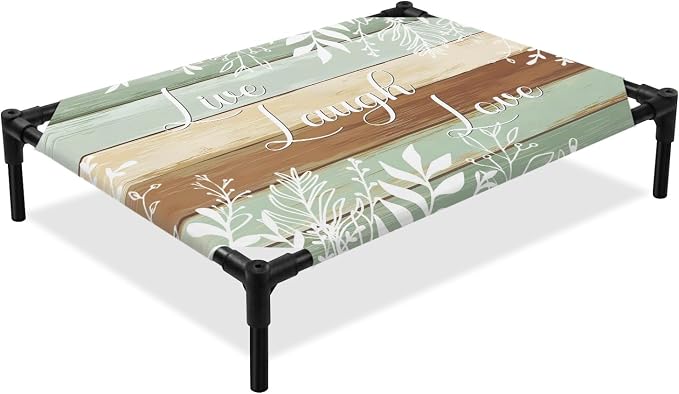 Outdoor Elevated Dog Bed for Medium Dogs, Teal Brown Botanical Breathable Cooling Raised Dog Cot for Indoor/Outdoor, Farmhouse Wooden Leaves Waterproof Elevated Pet Beds, M 24 x 20 in