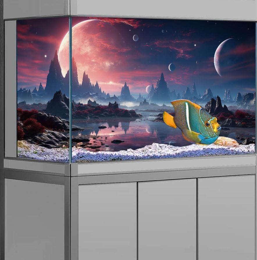 60X24IN Cosmic Spaceterrarium Background, Cool Parallel Space Themed Aquarium Reptile Habitat Background, Red Moon Aquarium Background with 10EVA Double-Sided Tape