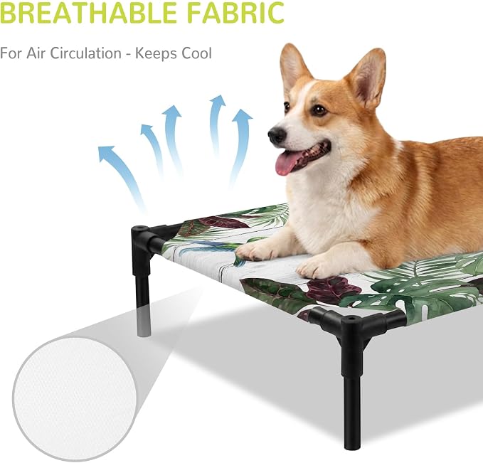 Outdoor Elevated Dog Bed for Large Dogs, Summer Hummingbirds Breathable Cooling Raised Dog Cot for Indoor/Outdoor, Tropical Palm Leaves Farmhouse Wood Waterproof Elevated Pet Beds, L 28 x 22 in