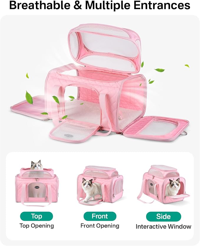 Cat Carrier Airline Approved 17x11x9.5 Inches, Top Expandable Soft Sided Pet Travel Carrier for Cats & Small Dogs, Fits Under Airline Seat with Locking Zippers, Pink