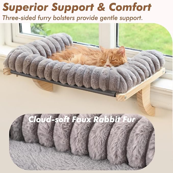Cloud-Soft Cat Window Sill Perch with Zipper Designed Cushioned Bed, Supportive Cat Window Seat with Premium Solid Wood & Sturdy Metal Frame, Pet Hammock Bed for Large Cats (Large, Gray)