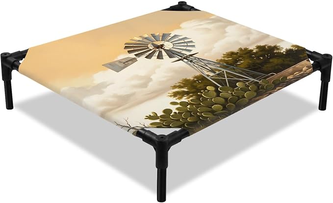 Outdoor Elevated Dog Bed for Small Dogs, Windmill Breathable Cooling Raised Dog Cot for Indoor/Outdoor, Sunset Horizon Farmhouse Trees Waterproof Elevated Pet Beds, S 20 x 20 in