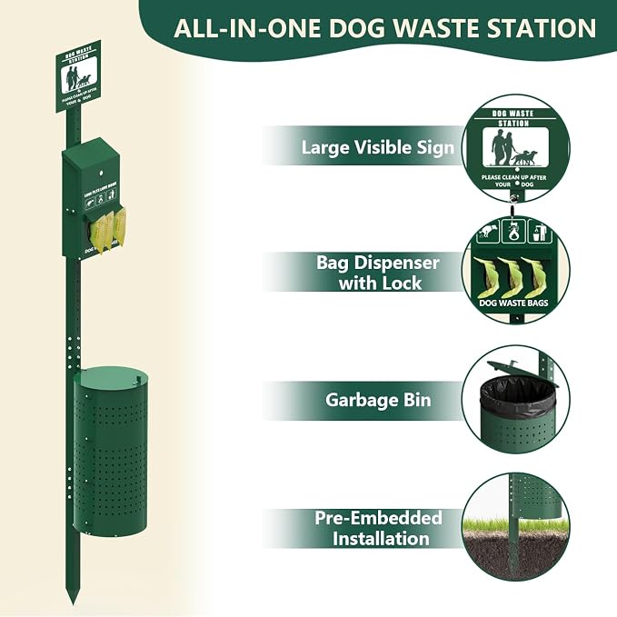 Dog Waste Station 11.5 Gallon, Outdoor Pet Waste Station with Bags, Lockable Dispenser, Keys & Can Liners– Heavy Duty Dog Poop Station for Parks, Backyard, Commercial Use