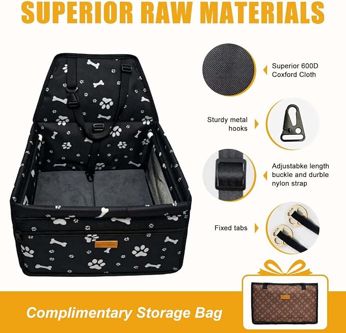 Pet Dog Booster Seat, Upgrading the Framed wall to Prevent Collapse，Breathable and Foldable Pet Car Basket，Removable andWashable pet car seat (Black Footprints)