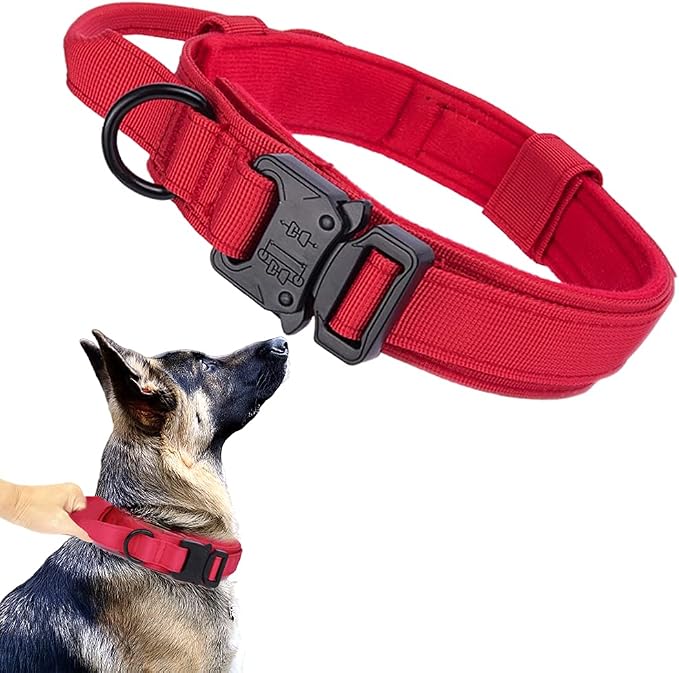 Tactical Dog Collar for Large Dogs with Control Handle,Red,M | 1000D Heavy-Duty Nylon Fabric,Quick-Release Metal Buckle,Adjustable Fit,Soft-Padded Webbing,D-Ring,for Training & Hiking