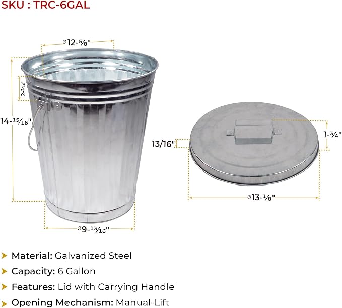 Mytee Products 2 Pack Galvanized Trash Can w/Lid Ideal for Trailers - 6 Gallon Steel Mounted Small Outdoor Garbage Can for Home, Office, Bathroom, Kitchen - Fire and Heat Resistant