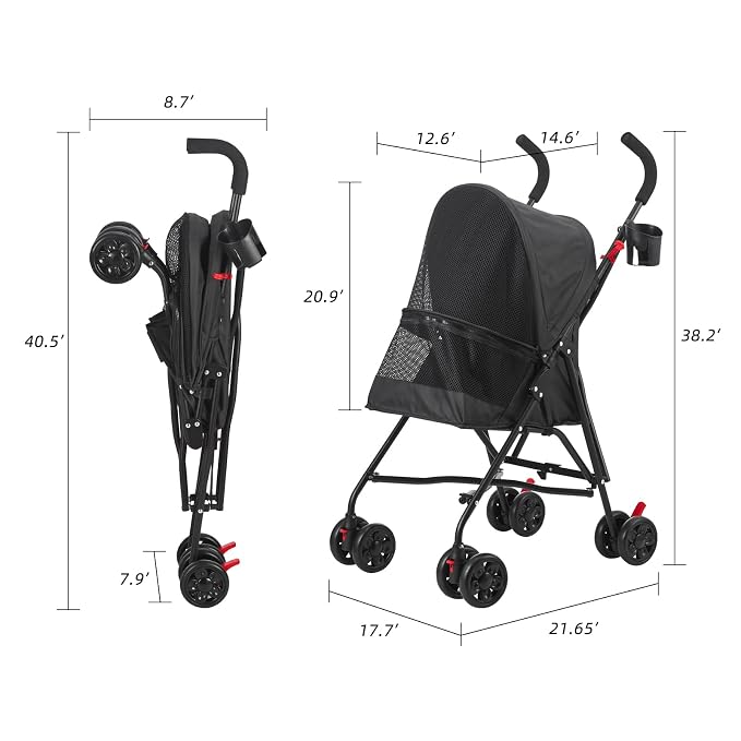 Pet Stroller Oxford Cloth Foldable Dog Strollers for Small Dogs and Cats Suitable for All Road Surfaces Wide-View Panoramic Window 4 Wheels with Brakes Portable Design, Easy to Store (Black)