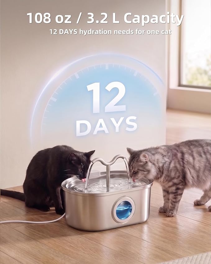 Cat Water Fountain Stainless Steel, 108oz/3.2L Pet Water Fountain for Cats Indoor, with Dual Spouts for Multiple Cats, Ultra-Quiet Automatic Dog Water Dispenser, 3 Pack Filters Included