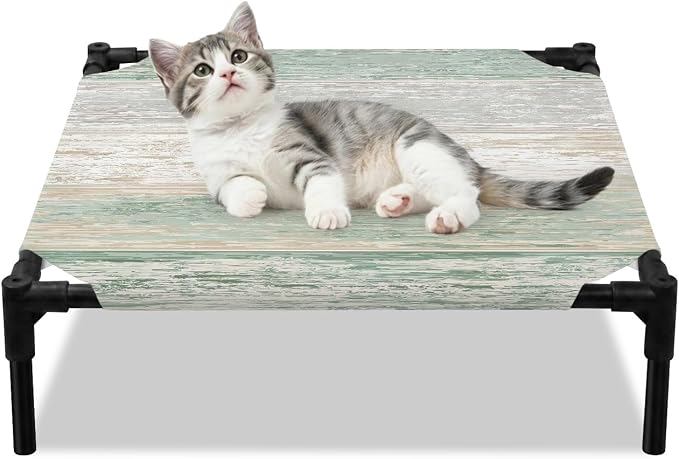 Outdoor Elevated Dog Bed for Small Dogs, Sage Green Grey Breathable Cooling Raised Dog Cot for Indoor/Outdoor, Farmhouse Gray Barn Wooden Vintage Striped Waterproof Elevated Pet Beds, S 20 x 20 in