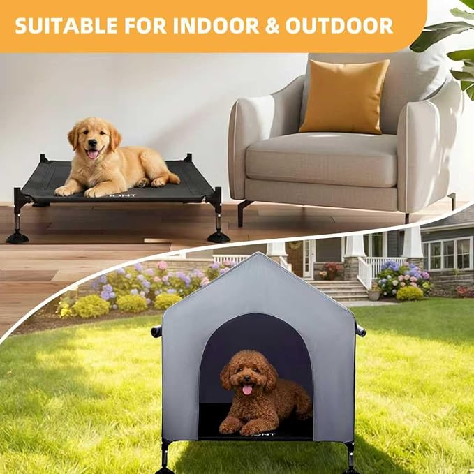 Dog House, 36” Large Dog House Outdoor Indoor Elevated Dog Cot Bed | 2-in-1 Outside Dog Tent Shade, Three-Sided Breathable Mesh Windows, Easy to Install, Waterproof Canopy, Non-Slip Feet