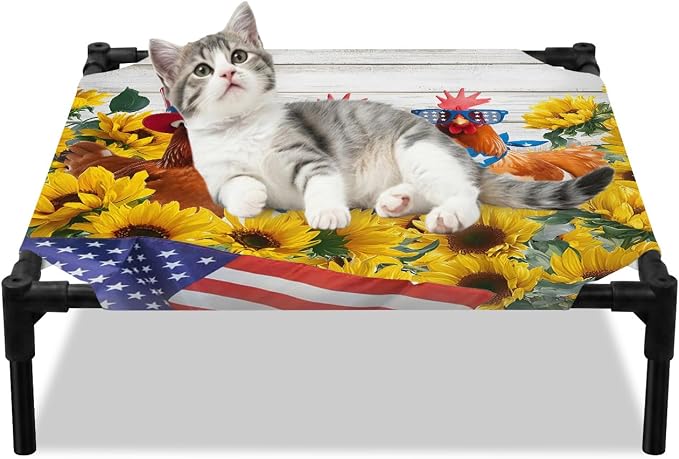 Outdoor Elevated Dog Bed for Small Dogs, Sunflower Independence Day Breathable Cooling Raised Dog Cot for Indoor/Outdoor, 4th of July Rooster Wooden Waterproof Elevated Pet Beds, S 20 x 20 in
