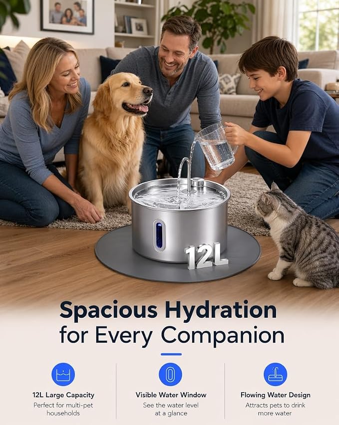 Stainless Steel Dog Water Fountain,12L/3.17Gal | Large Capacity 12 Pack Filter Visible Water Window Window LED Alert Anti-Splash Feeding Mat for MultiPet Homes