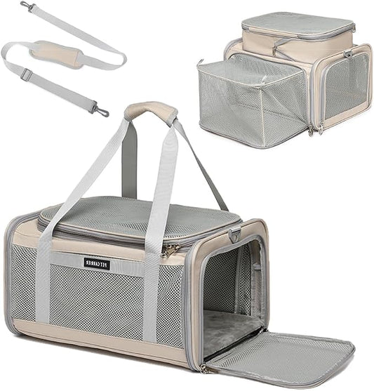 Airline Approved Pet Carrier for Cats and Small Dogs up to 15 lbs, Breathable Mesh, Portable Travel Bag for Bearded Dragon, Puppies Animal Hangbag, Rabbit Cage (Khaki, Expandable)