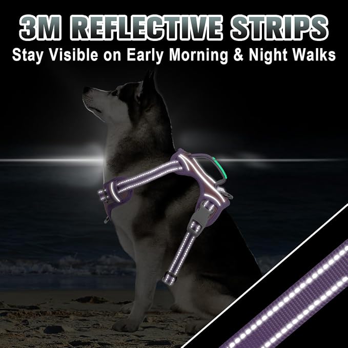 BARKBAY No Pull Dog Harness Large Reflective Dog Harness with Front Clip and Easy Control Handle for Walking Training Running with ID tag Pocket(Baby Pink & Violet Purple,L)