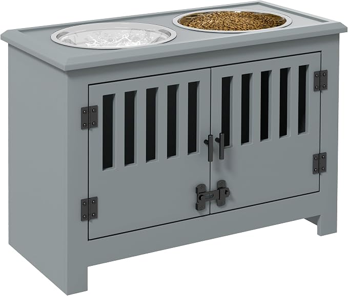 PawHut Large Elevated Dog Bowls with Storage Cabinet, 37L Gray | Raised Dog Bowl Stand Pet Food Bowl Dog Feeding Station