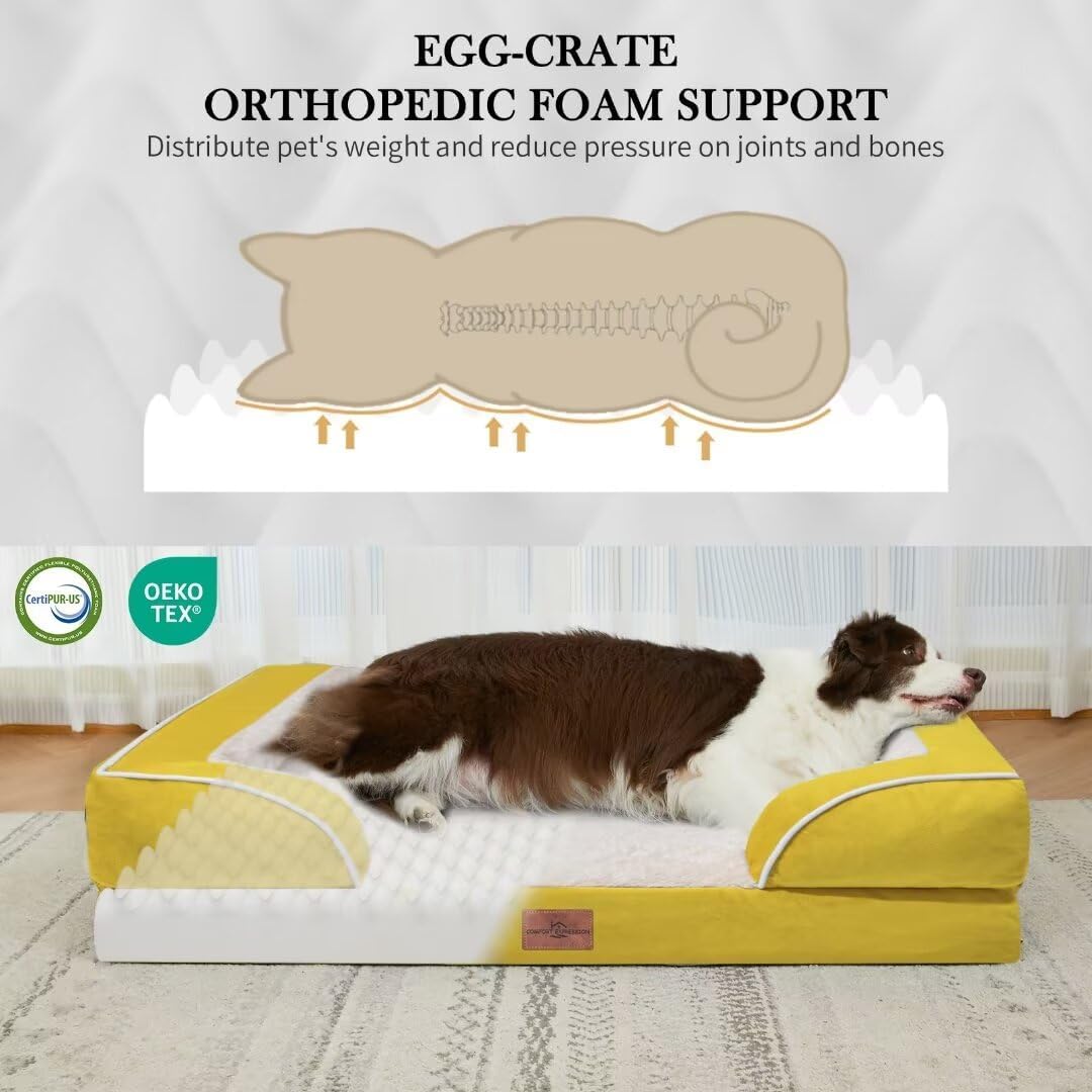 Comfort Expression Orthopedic Dog Beds, Jumbo Dog Bed for Extra Large Dogs, Waterproof Dogs Beds, PV Washable Pet Sofa Couch with Removable Cover & Non-Slip Bottom(Jumbo,Spicy Mustard)