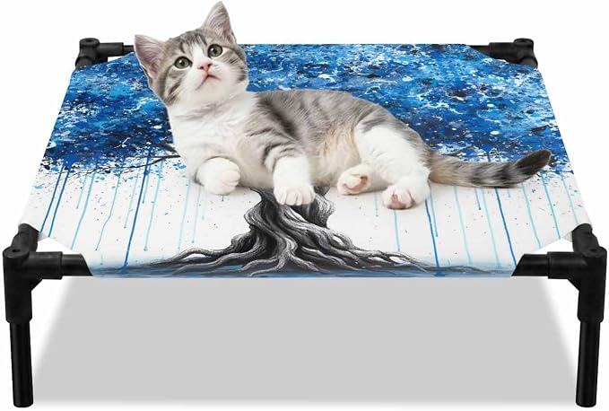 Outdoor Elevated Dog Bed for Small Dogs, Blue Trees Breathable Cooling Raised Dog Cot for Indoor/Outdoor, Boho Nature Branch Leaf Plants Landscape Waterproof Elevated Pet Beds, S 20 x 20 in