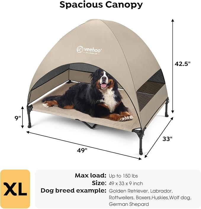 Veehoo Outdoor Dog Bed with Canopy, Cooling Elevated Dog Shade for Outside | Portable Raised Dog Cot with Removable Shade, Sun Protection Dog Tent Outdoor for Camping, Beach, 49" x 42.5", Beige Coffee