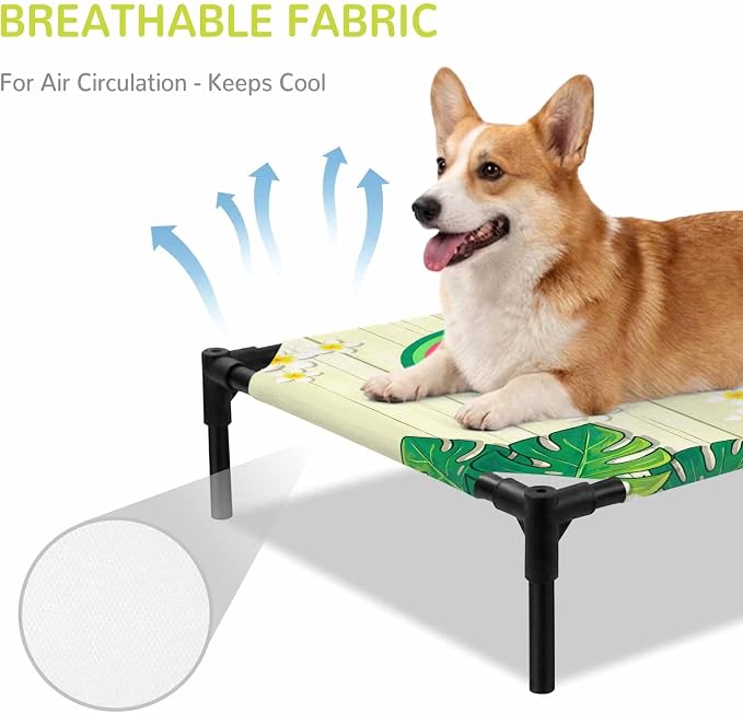 Outdoor Elevated Dog Bed for Large Dogs, Summer Swimming Rings Breathable Cooling Raised Dog Cot for Indoor/Outdoor, Floral Plumeria Yellow Wooden Waterproof Elevated Pet Beds, L 28 x 22 in