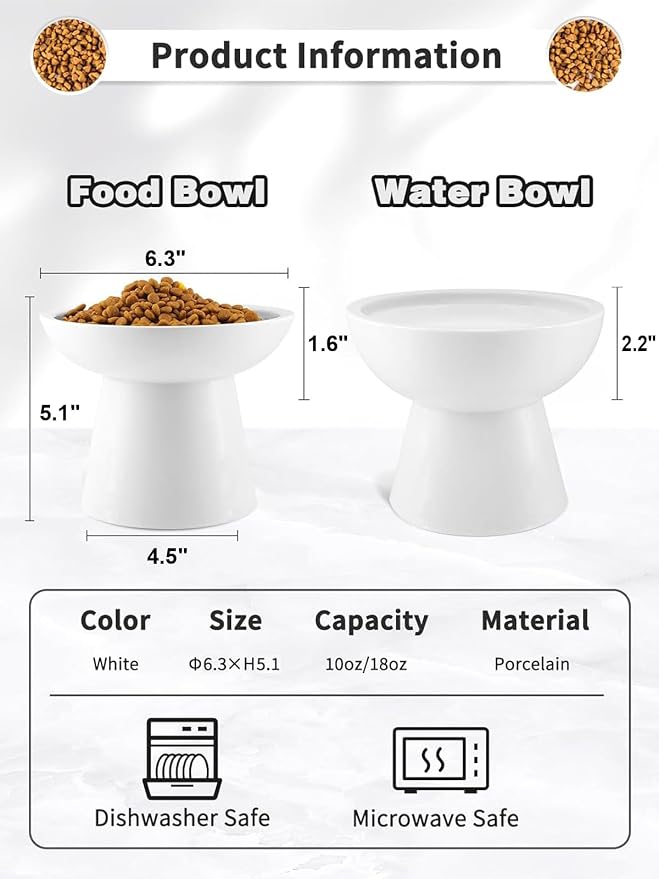 LoeJan Elevated Cat Food and Water Bowls Set, Extra Wide and Raised Ceramic Bowls, Anti-Vomit Whisker-Free Pressure Cat Feeder for Kittens to Adult Cats and Small Dogs (White, Water Bowl)