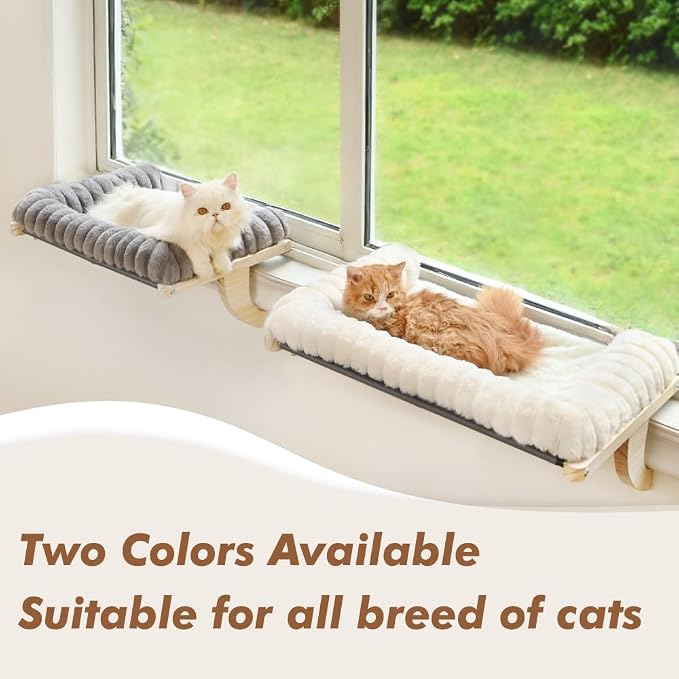 Cloud-Soft Cat Window Sill Perch with Zipper Designed Cushioned Bed, Supportive Cat Window Seat with Premium Solid Wood & Sturdy Metal Frame, Pet Hammock Bed for Large Cats (X-Large, White)