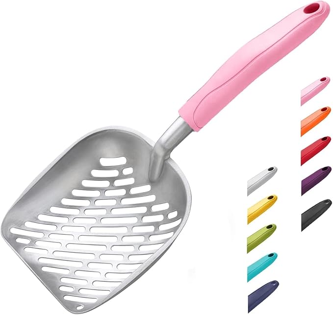 Cat Litter Scoop, Aluminum Alloy Sifter, Kitty Metal Scooper, Deep Shovel with Diagonal Sifting Hole, Long Handle, Kitten Poop Lifter for Litter Box, Medium Size, Pink Handle