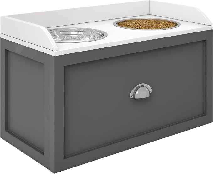 PawHut Feeding Station with Storage Drawer, Food Storage Cabinet with 2 Removable Elevated Bowls for Large Sized Dogs, Gray | 2 Removable Elevated Pet Bowls, for Large Sized Breeds