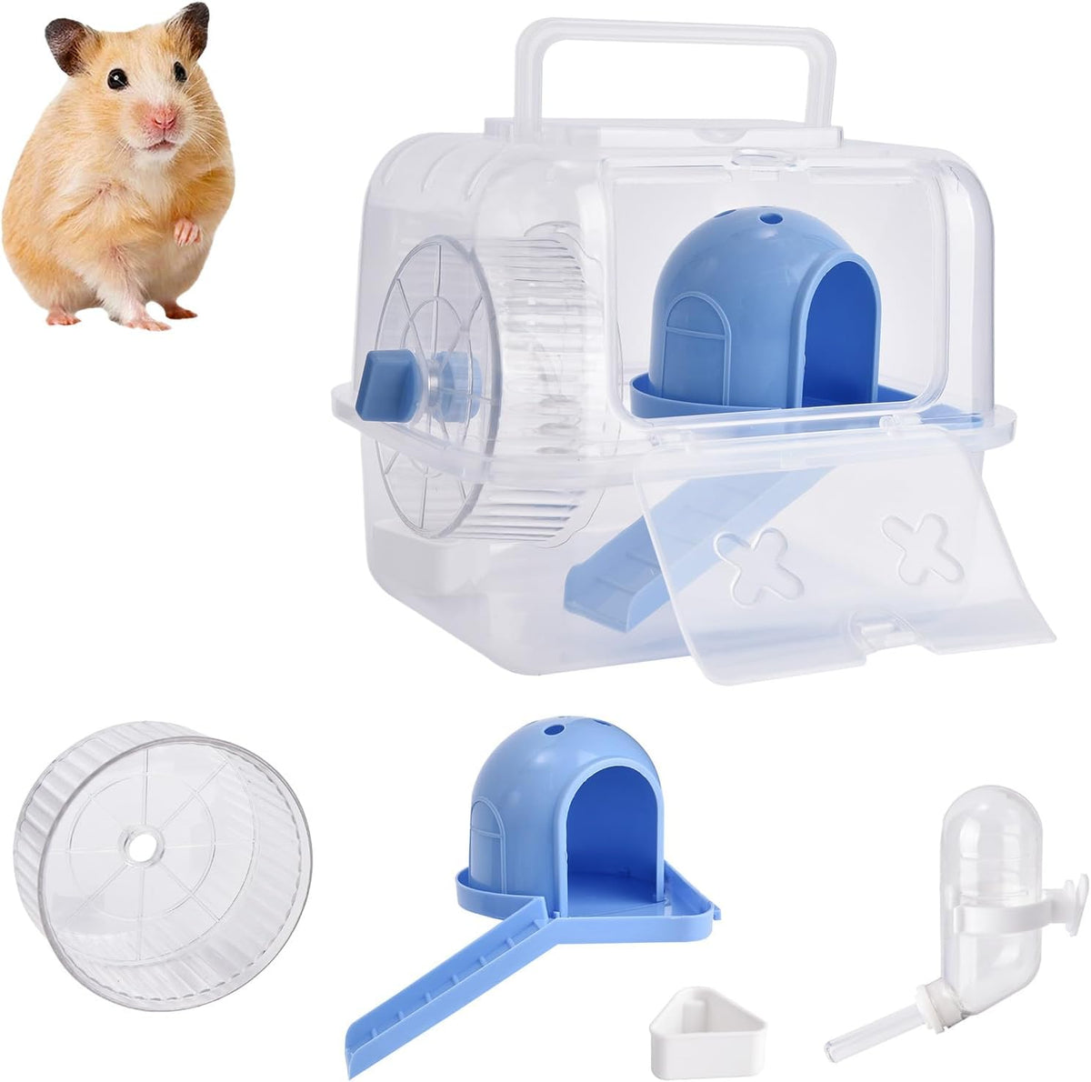 Portable Hamster Travel Carrier Cage,Outdoor Small Pets Breathable Cage,Multifunctional Guinea Pig Carrier with Water Bottles, Running Wheels, Ladders, Dodge Houses and Feeders (Blue, Style B)