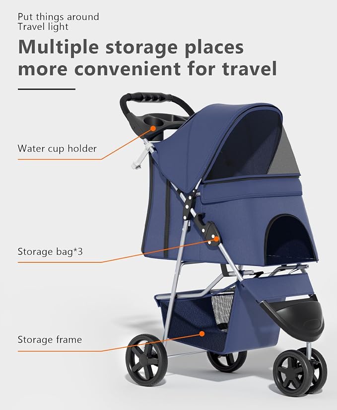 OS MOTOR 3 Wheels Pet Stroller for Small Medium Pets, Navy Blue | Foldable Carrier Jogger, Rear Wheel Breaks, Storage Basket, Visible Mesh Weather Cover, Portable, Dog, Cat, Puppy, Kitty