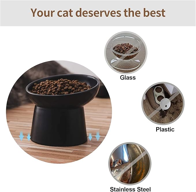 Elevated Cat Bowls, 15° Tilted Ceramic Raised Cat Food and Water Bowl Set, Whisker-Friendly Porcelain Pet Feeder Dishes for Indoor Cats and Small Dogs,Black,6.2 Inch,2 Pack