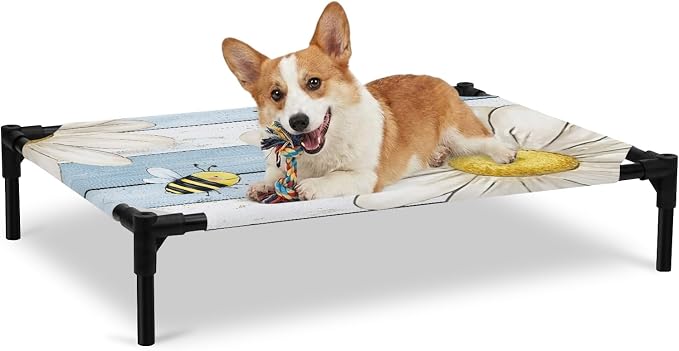 Outdoor Elevated Dog Bed for Large Dogs, White Daisy Rustic Breathable Cooling Raised Dog Cot for Indoor/Outdoor, Pastoral Flowers Honeybees Blue Wood Waterproof Elevated Pet Beds, L 28 x 22 in