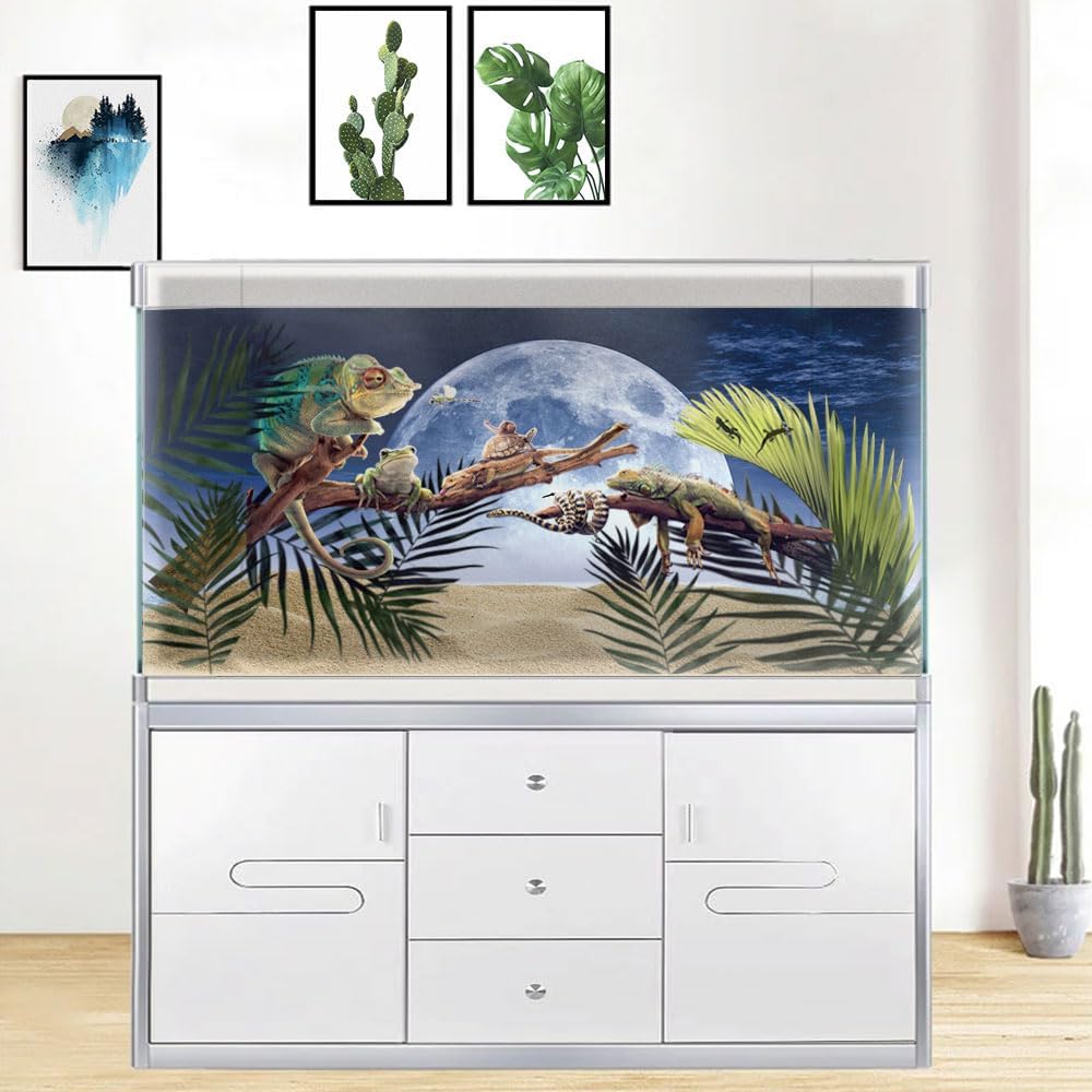 Moon Aquarium Background,Cool Sea Galaxy Parallel Space Themed Fish Tank Background, Cool Terrarium Background 36X20IN with 8 EVA Double-Sided Tape