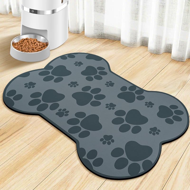 Dog Food Mats for Floors Waterproof, Pet Feeding Absorbent Water Bowl Mat Cat Placemats Gray Bone Shape 19 * 12 inch
