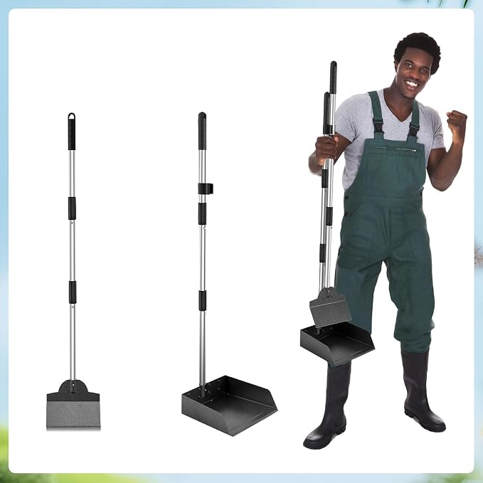 Dog Pooper Scooper, Metal Tray & Spade with 38.2" Long Handle | Large Dog Poop Scooper: 9.5x9x3.1in Tray, 7.7x6in Spade, No-bend Pickup, Yard and Kennel, Tool-free Setup